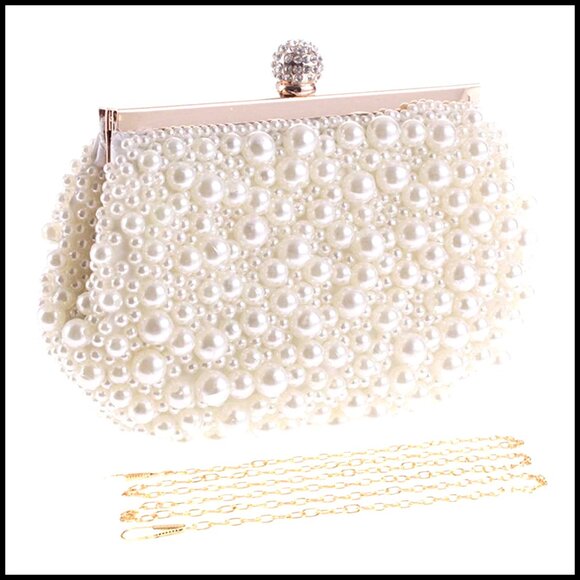 Elegant Pearl Beaded Evening Clutch Purse with Removable Chains Formal Party